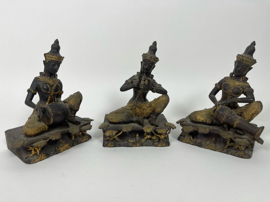 Set Of Three Vintage Thai Hindu Gilded Bronze Statues Playing Musical Instruments 5.5W X 3.5D X 7H [Photo 8]