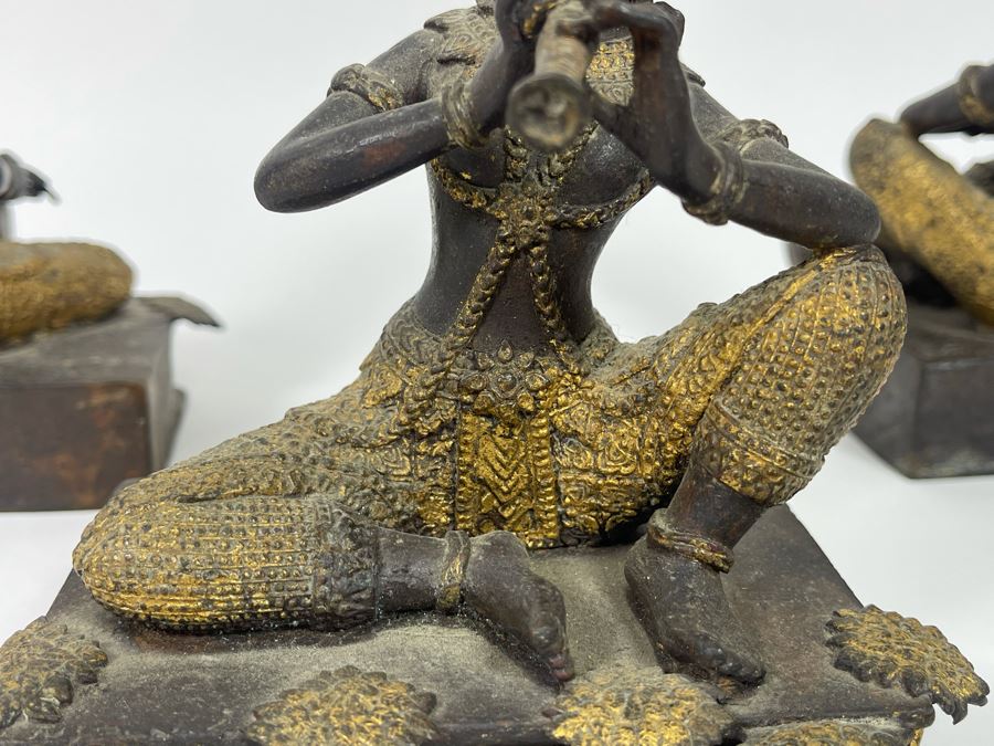 Set Of Three Vintage Thai Hindu Gilded Bronze Statues Playing Musical Instruments 5.5W X 3.5D X 7H [Photo 16]