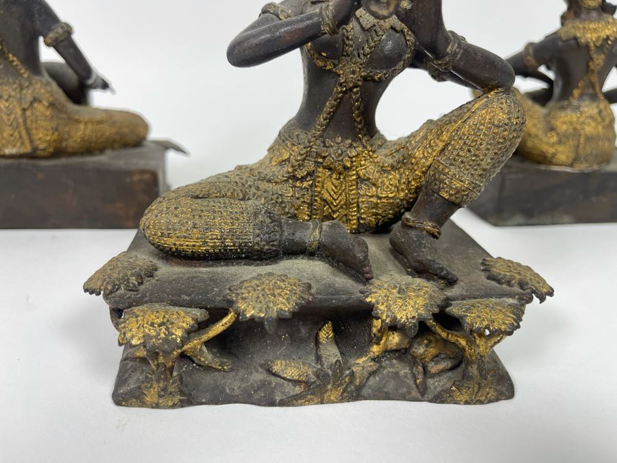Set Of Three Vintage Thai Hindu Gilded Bronze Statues Playing Musical Instruments 5.5W X 3.5D X 7H [Photo 14]