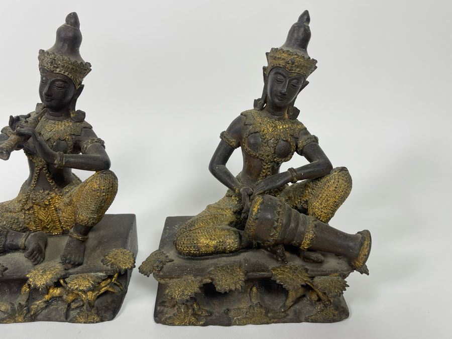 Set Of Three Vintage Thai Hindu Gilded Bronze Statues Playing Musical Instruments 5.5W X 3.5D X 7H [Photo 7]