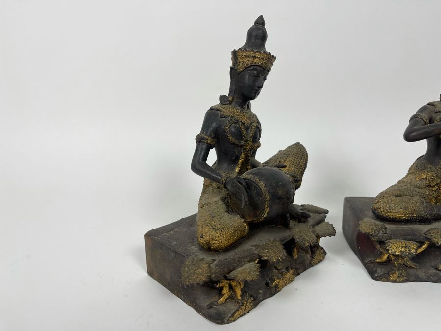 Set Of Three Vintage Thai Hindu Gilded Bronze Statues Playing Musical Instruments 5.5W X 3.5D X 7H [Photo 10]