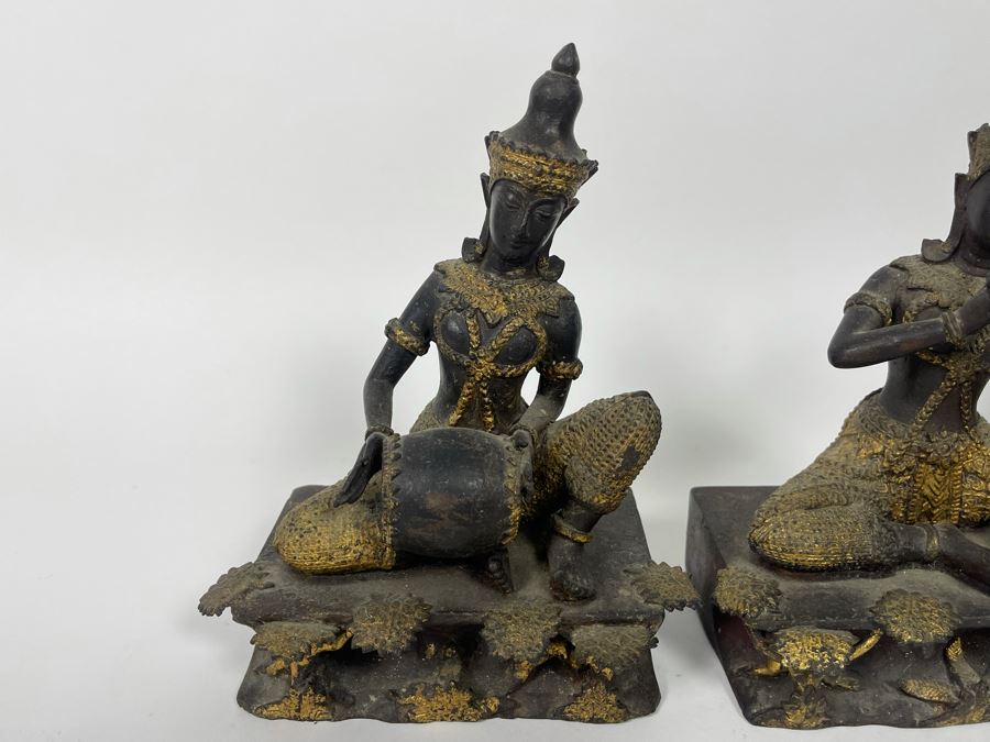 Set Of Three Vintage Thai Hindu Gilded Bronze Statues Playing Musical Instruments 5.5W X 3.5D X 7H [Photo 6]