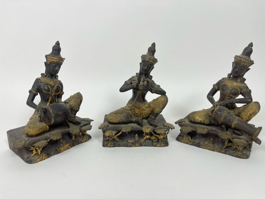 Set Of Three Vintage Thai Hindu Gilded Bronze Statues Playing Musical Instruments 5.5W X 3.5D X 7H [Photo 9]