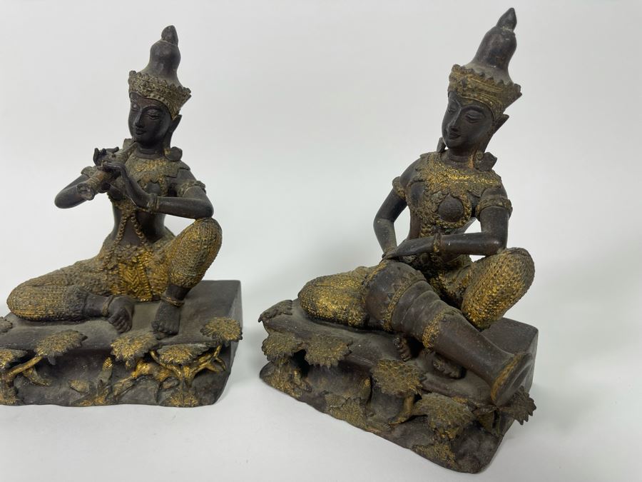 Set Of Three Vintage Thai Hindu Gilded Bronze Statues Playing Musical Instruments 5.5W X 3.5D X 7H [Photo 11]