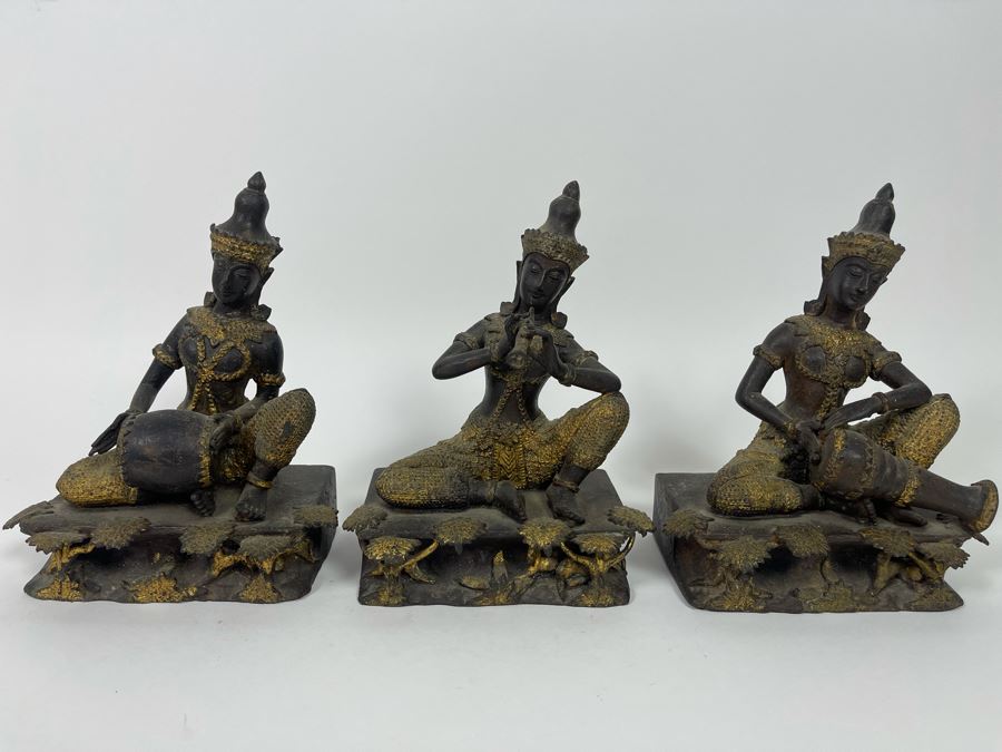 Set Of Three Vintage Thai Hindu Gilded Bronze Statues Playing Musical Instruments 5.5W X 3.5D X 7H [Photo 3]