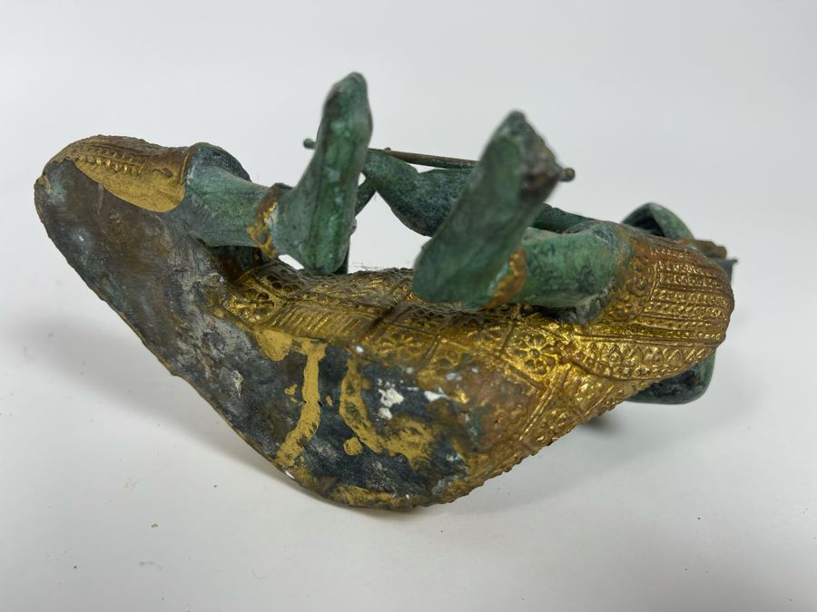 Set Of Three Vintage Gilded Verdigris Metal Thai Statues Playing Musical Instruments [Photo 16]