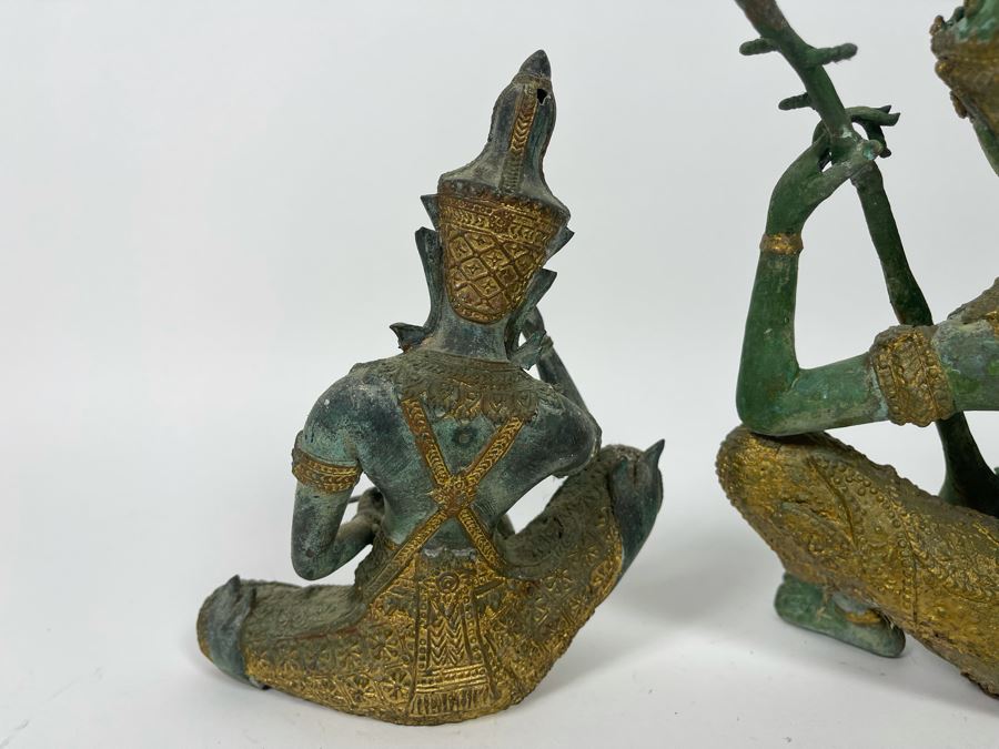 Set Of Three Vintage Gilded Verdigris Metal Thai Statues Playing Musical Instruments [Photo 14]