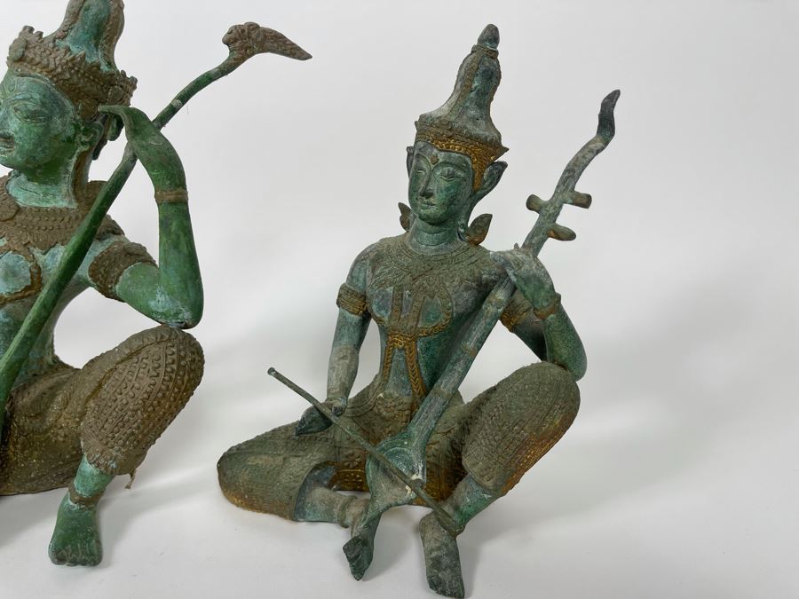 Set Of Three Vintage Gilded Verdigris Metal Thai Statues Playing Musical Instruments [Photo 11]