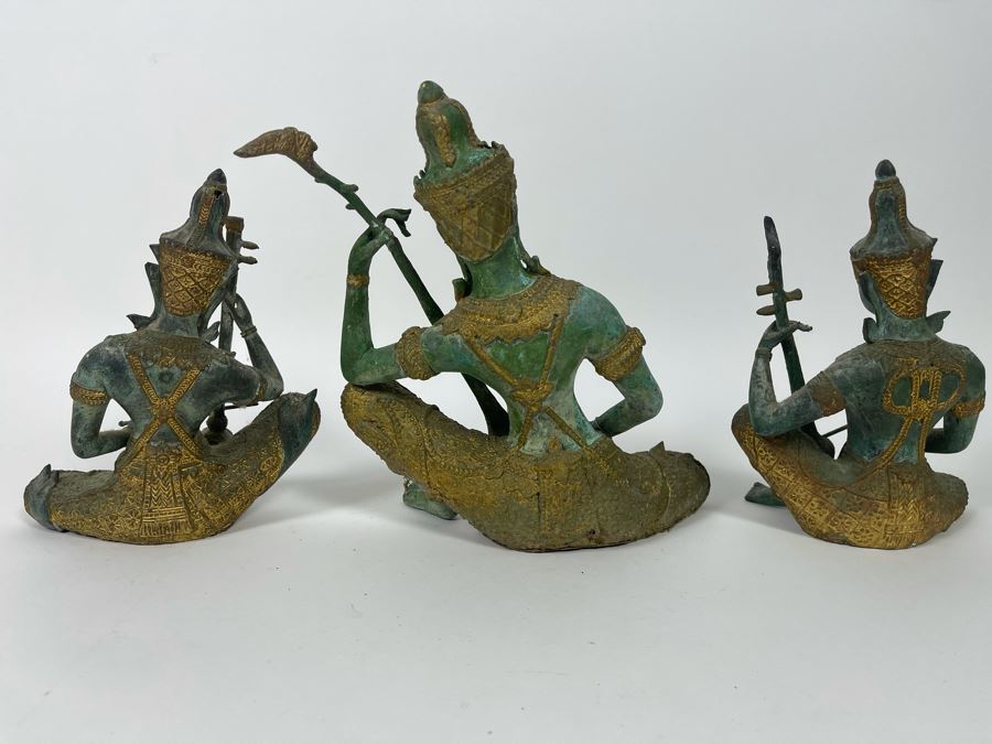 Set Of Three Vintage Gilded Verdigris Metal Thai Statues Playing Musical Instruments [Photo 12]