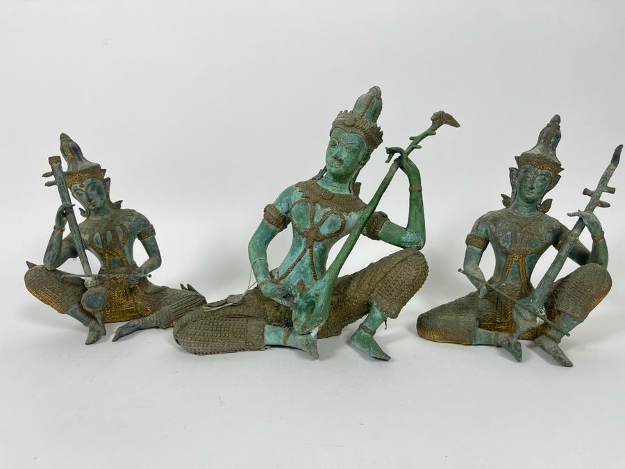 Set Of Three Vintage Gilded Verdigris Metal Thai Statues Playing Musical Instruments [Photo 4]