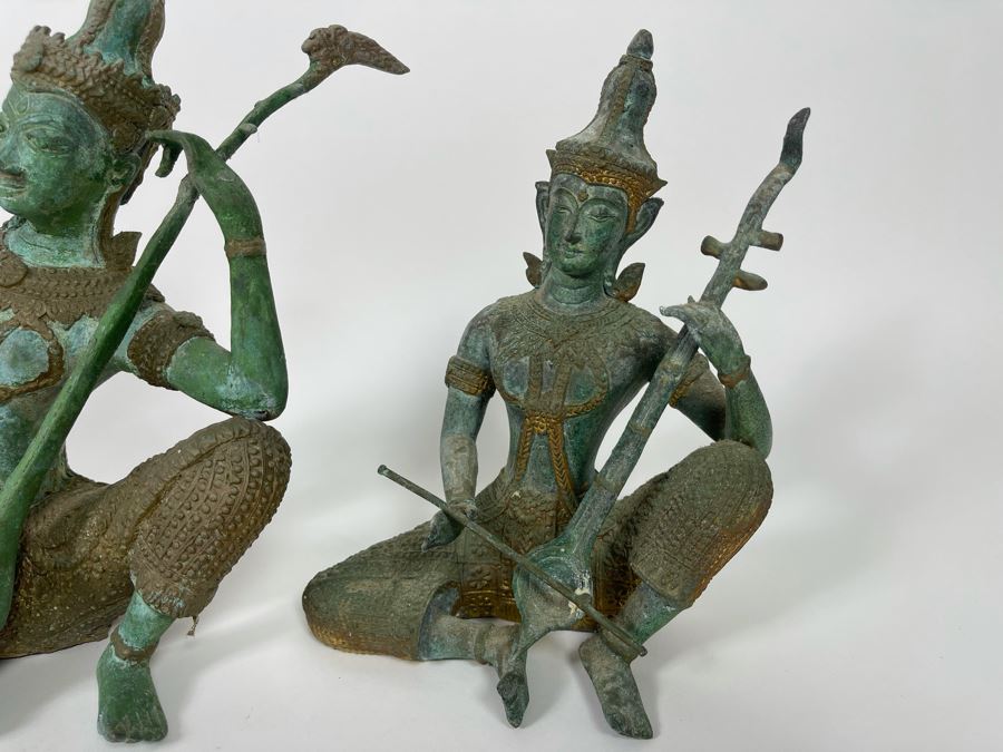 Set Of Three Vintage Gilded Verdigris Metal Thai Statues Playing Musical Instruments [Photo 10]