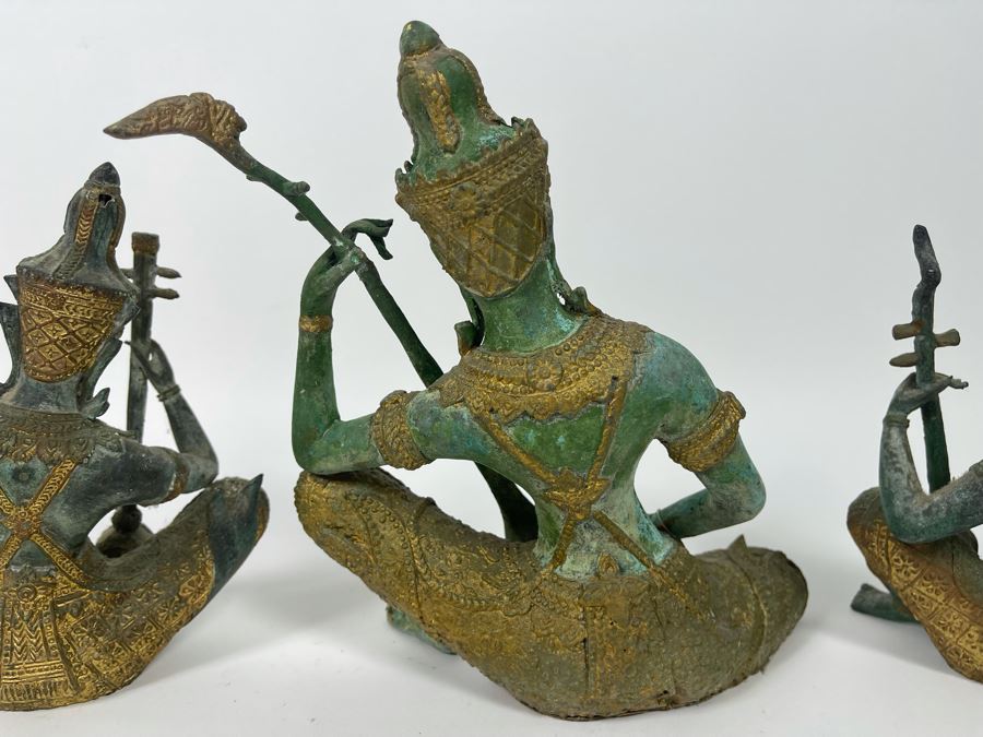 Set Of Three Vintage Gilded Verdigris Metal Thai Statues Playing Musical Instruments [Photo 13]