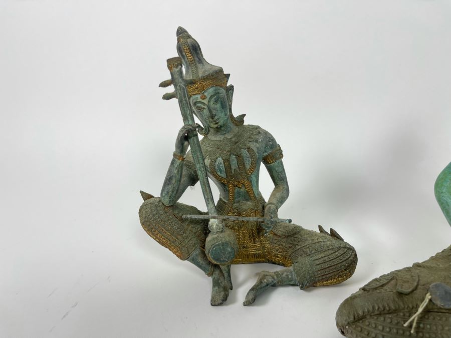 Set Of Three Vintage Gilded Verdigris Metal Thai Statues Playing Musical Instruments [Photo 9]