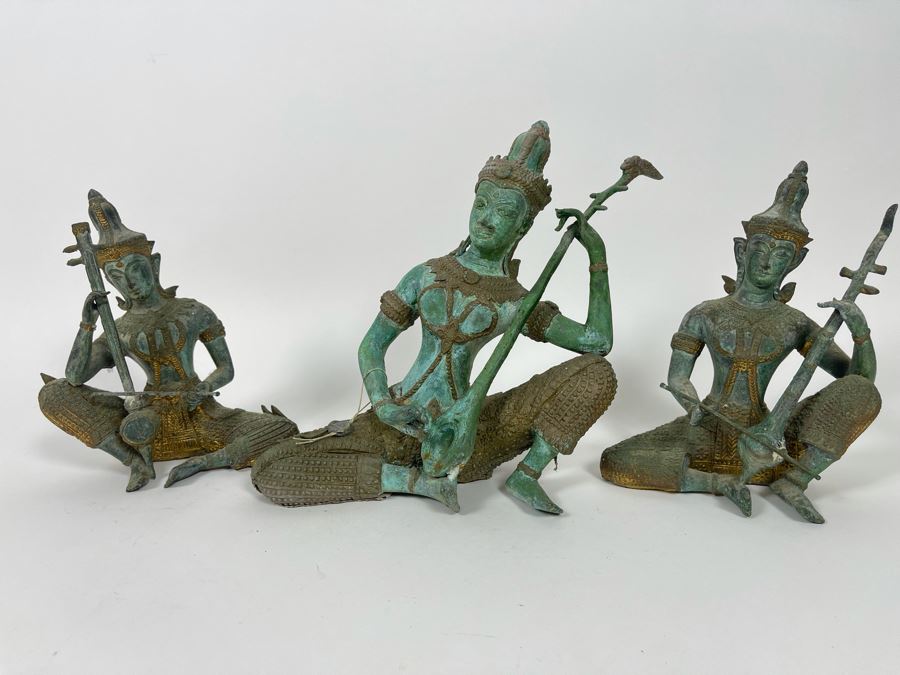 Set Of Three Vintage Gilded Verdigris Metal Thai Statues Playing Musical Instruments [Photo 2]