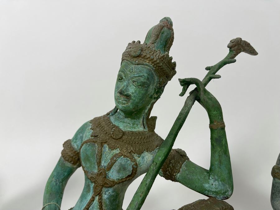 Set Of Three Vintage Gilded Verdigris Metal Thai Statues Playing Musical Instruments [Photo 6]