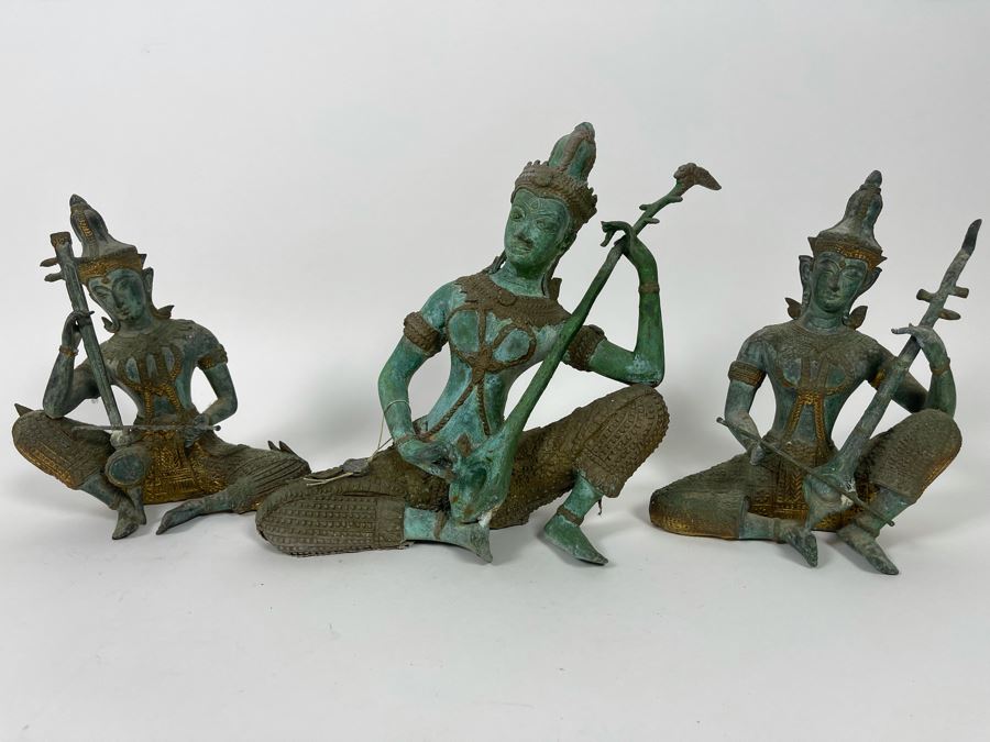 Set Of Three Vintage Gilded Verdigris Metal Thai Statues Playing Musical Instruments [Photo 3]
