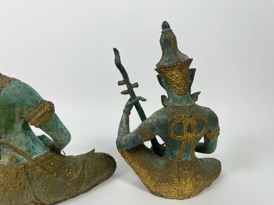 Set Of Three Vintage Gilded Verdigris Metal Thai Statues Playing Musical Instruments [Photo 15]