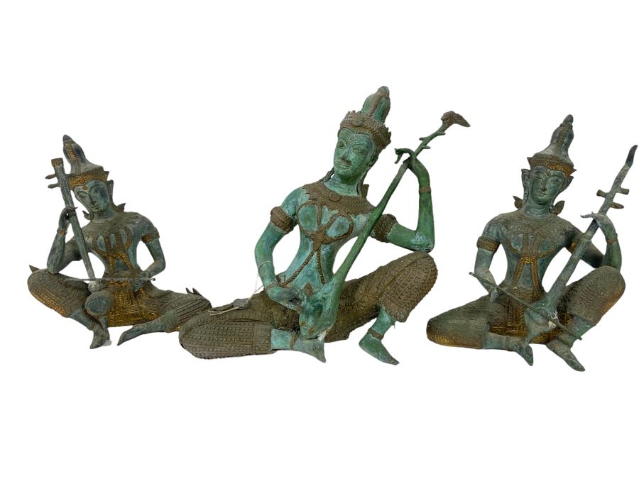 Set Of Three Vintage Gilded Verdigris Metal Thai Statues Playing Musical Instruments