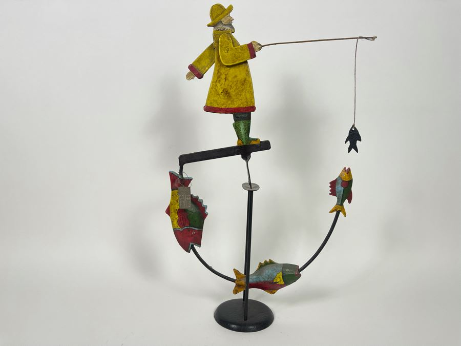 Metal Kinetic Fisherman Fishing Rocking Sculpture By Authentic Models AM Handmade In Indonesia [Photo 2]