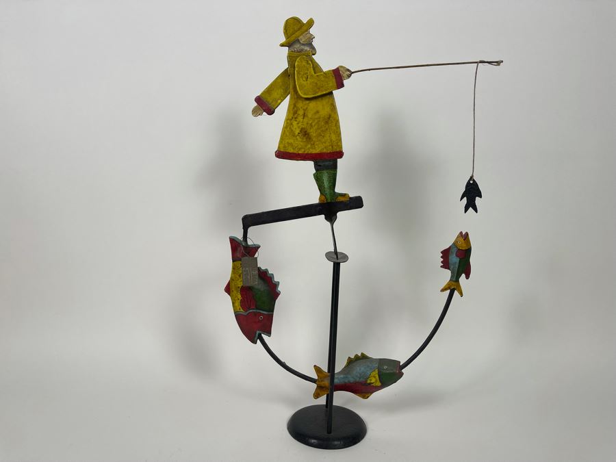 Metal Kinetic Fisherman Fishing Rocking Sculpture By Authentic Models AM Handmade In Indonesia [Photo 3]