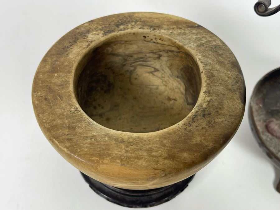 Old Cast Iron Bouillot Rat De Cave (Cellar Rat) Hand Made Spiral Candle Holder 8H And Turned Wooden Bowl 5W X 3.25H With Stand [Photo 5]