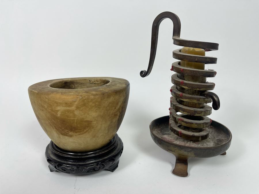 Old Cast Iron Bouillot Rat De Cave (Cellar Rat) Hand Made Spiral Candle Holder 8H And Turned Wooden Bowl 5W X 3.25H With Stand [Photo 3]
