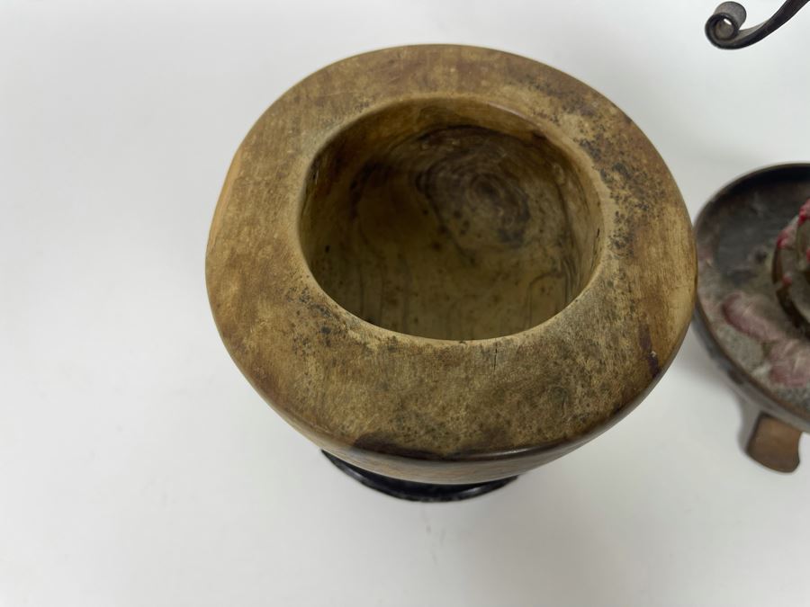 Old Cast Iron Bouillot Rat De Cave (Cellar Rat) Hand Made Spiral Candle Holder 8H And Turned Wooden Bowl 5W X 3.25H With Stand [Photo 9]