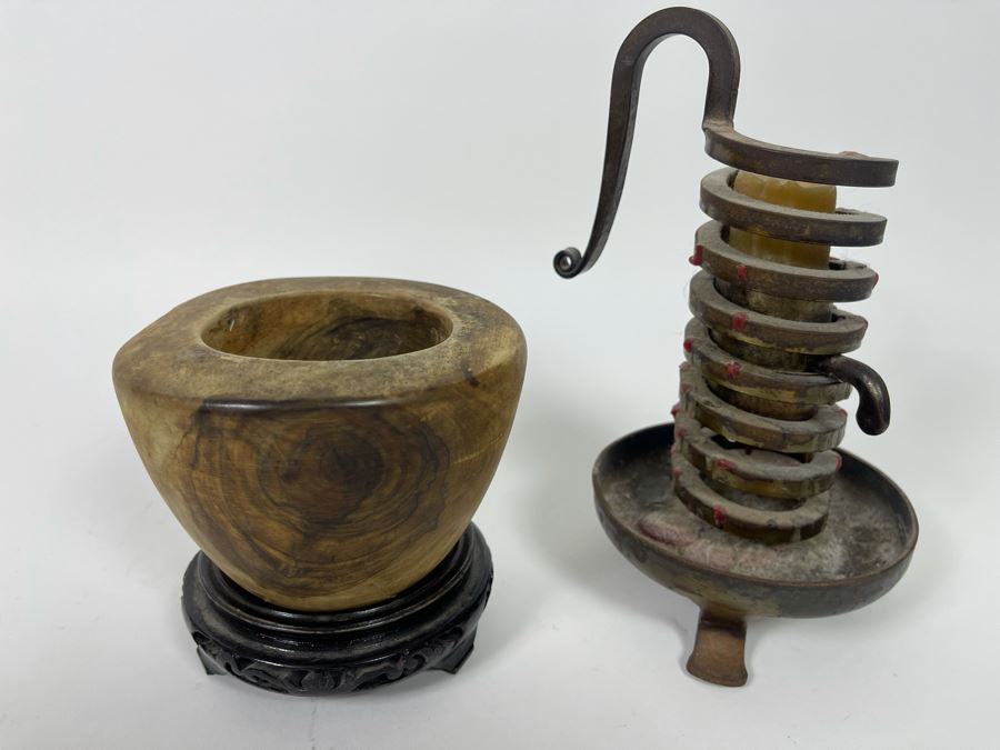 Old Cast Iron Bouillot Rat De Cave (Cellar Rat) Hand Made Spiral Candle Holder 8H And Turned Wooden Bowl 5W X 3.25H With Stand [Photo 7]