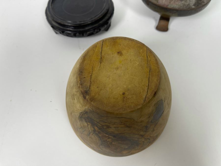 Old Cast Iron Bouillot Rat De Cave (Cellar Rat) Hand Made Spiral Candle Holder 8H And Turned Wooden Bowl 5W X 3.25H With Stand [Photo 11]