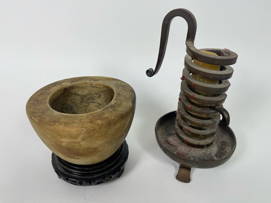 Old Cast Iron Bouillot Rat De Cave (Cellar Rat) Hand Made Spiral Candle Holder 8H And Turned Wooden Bowl 5W X 3.25H With Stand [Photo 4]