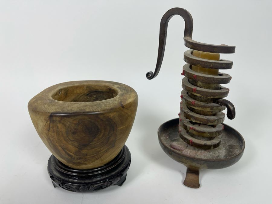 Old Cast Iron Bouillot Rat De Cave (Cellar Rat) Hand Made Spiral Candle Holder 8H And Turned Wooden Bowl 5W X 3.25H With Stand [Photo 8]