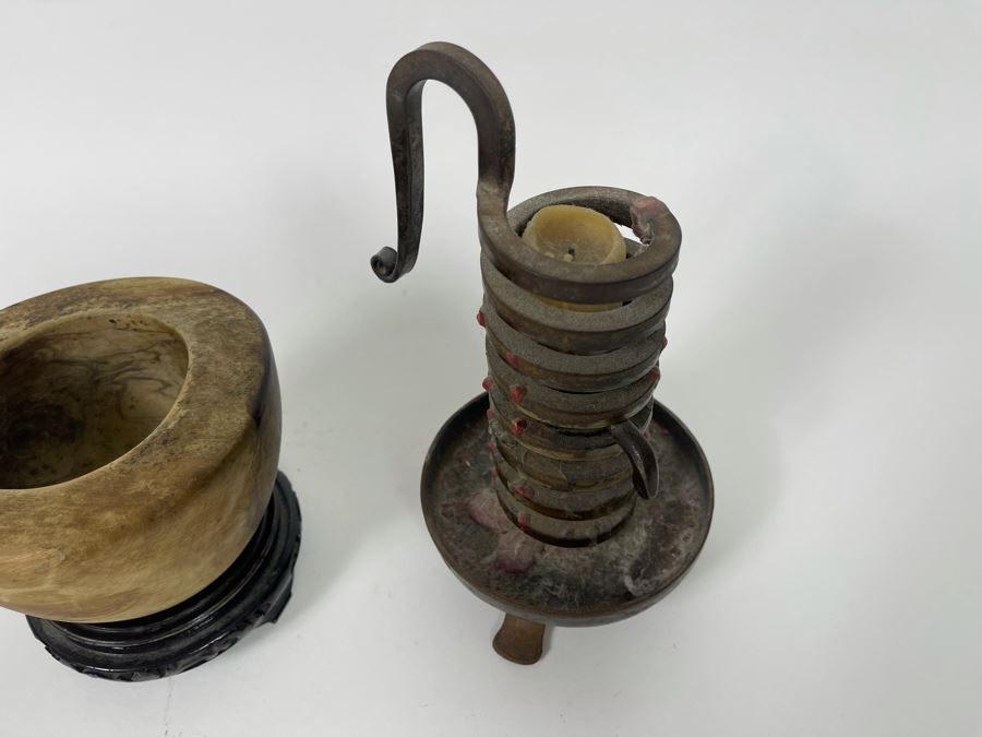 Old Cast Iron Bouillot Rat De Cave (Cellar Rat) Hand Made Spiral Candle Holder 8H And Turned Wooden Bowl 5W X 3.25H With Stand [Photo 12]