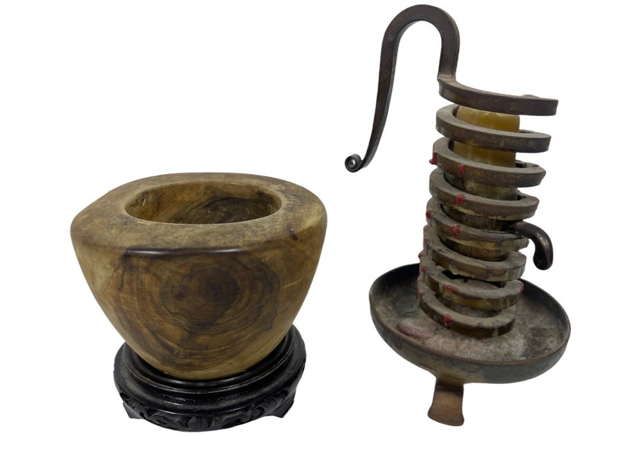 Old Cast Iron Bouillot Rat De Cave (Cellar Rat) Hand Made Spiral Candle Holder 8H And Turned Wooden Bowl 5W X 3.25H With Stand [Photo 1]