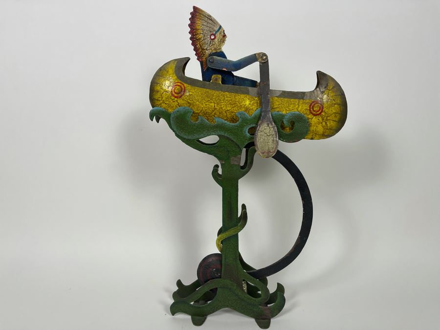 Metal Kinetic Canoe Rowing Rocking Sculpture  By Authentic Models AM Handmade In Indonesia 12W X 19H [Photo 3]