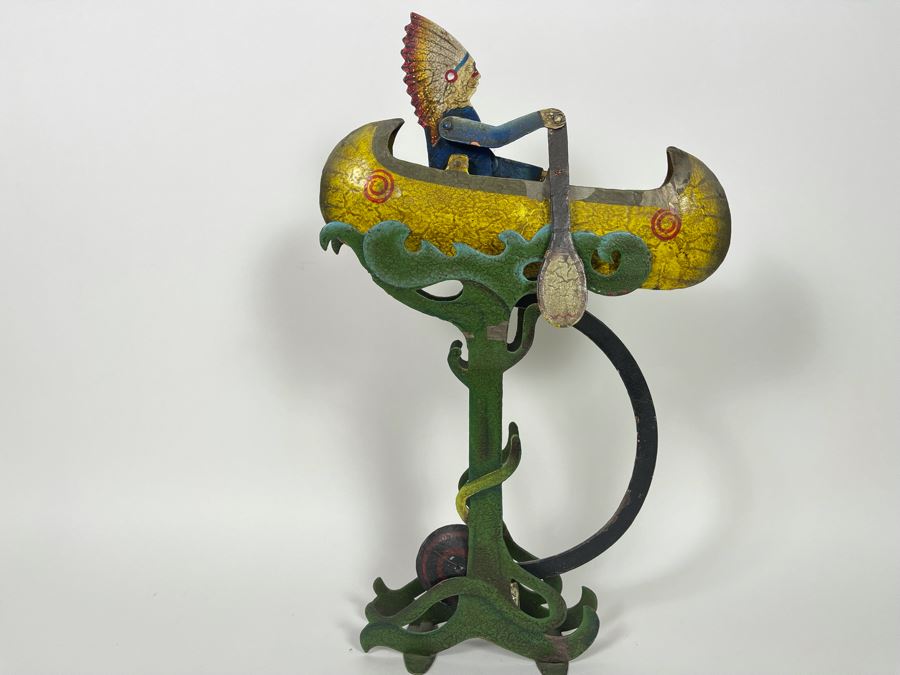 Metal Kinetic Canoe Rowing Rocking Sculpture  By Authentic Models AM Handmade In Indonesia 12W X 19H [Photo 2]