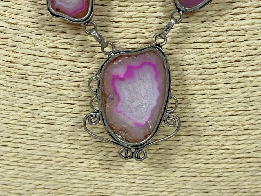 Vintage Sterling Silver Polished And Sliced Pink Geode Stone 24' Necklace 54.5g [Photo 13]