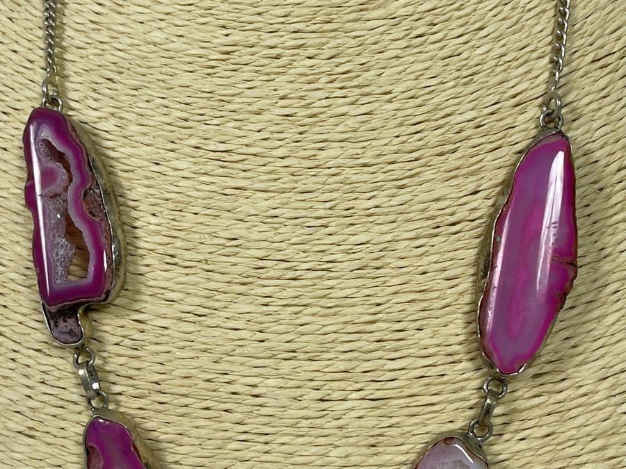 Vintage Sterling Silver Polished And Sliced Pink Geode Stone 24' Necklace 54.5g [Photo 6]