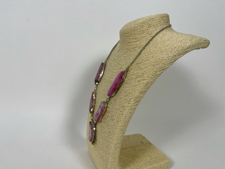 Vintage Sterling Silver Polished And Sliced Pink Geode Stone 24' Necklace 54.5g [Photo 8]