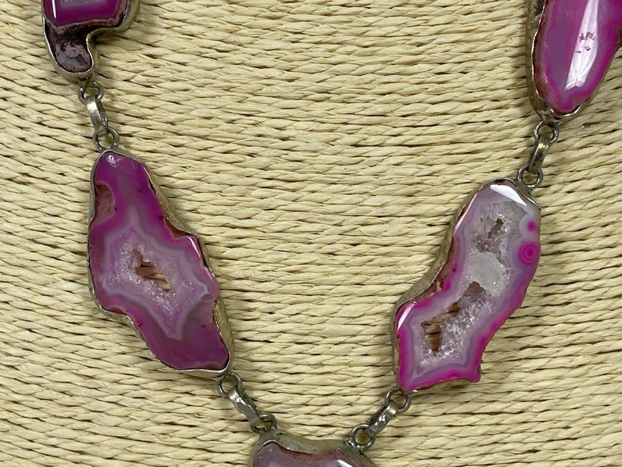 Vintage Sterling Silver Polished And Sliced Pink Geode Stone 24' Necklace 54.5g [Photo 5]