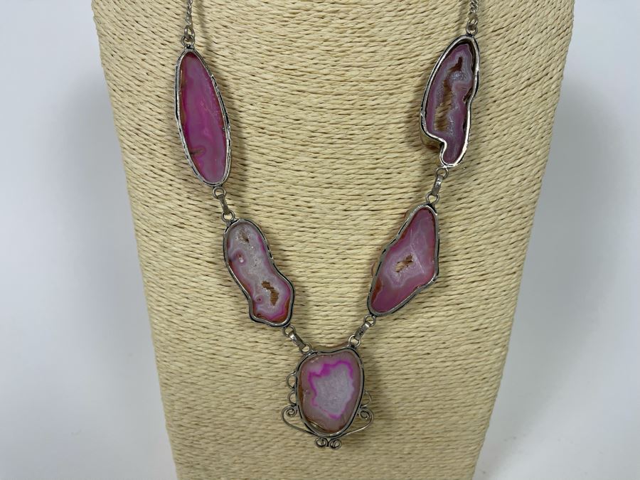 Vintage Sterling Silver Polished And Sliced Pink Geode Stone 24' Necklace 54.5g [Photo 12]