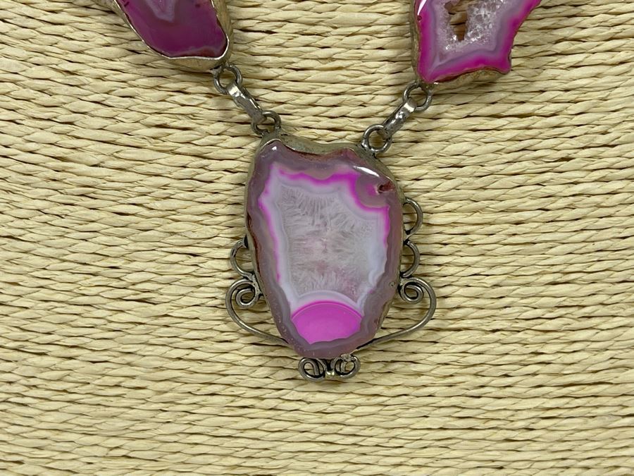 Vintage Sterling Silver Polished And Sliced Pink Geode Stone 24' Necklace 54.5g [Photo 4]