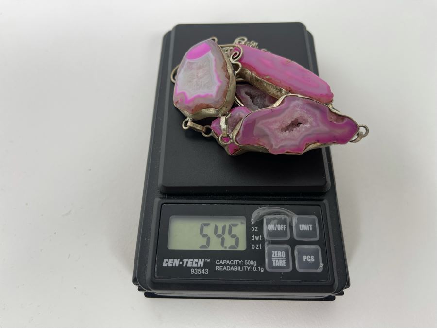 Vintage Sterling Silver Polished And Sliced Pink Geode Stone 24' Necklace 54.5g [Photo 11]
