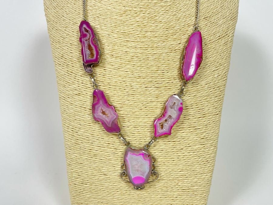 Vintage Sterling Silver Polished And Sliced Pink Geode Stone 24' Necklace 54.5g [Photo 2]