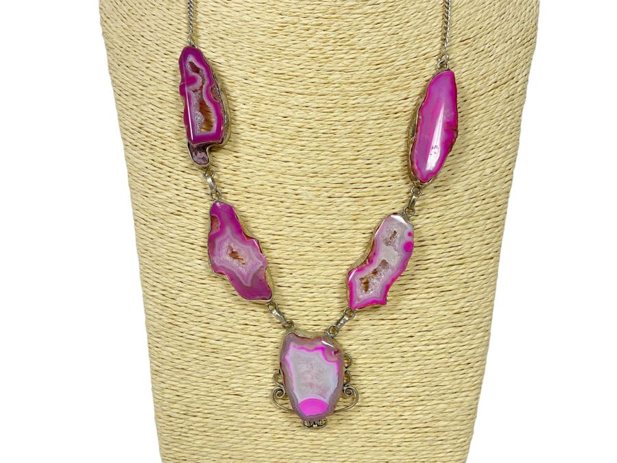 Vintage Sterling Silver Polished And Sliced Pink Geode Stone 24' Necklace 54.5g [Photo 1]