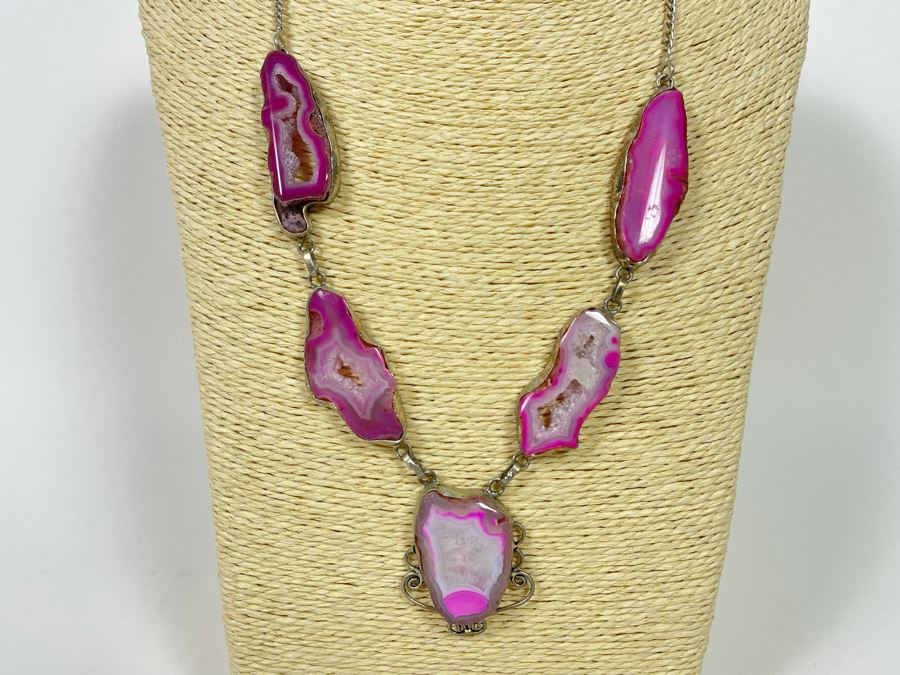 Vintage Sterling Silver Polished And Sliced Pink Geode Stone 24' Necklace 54.5g [Photo 3]