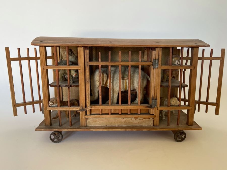 Antique German Wooden Circus Cage With Papier Mache Animals Spring Loaded Main Gate With Swinging Elephant Plus Tigers, Lion And Polar Bear (Some Of Animals Are Missing Limbs) 13.5W X 6D X 9H  [Photo 3]