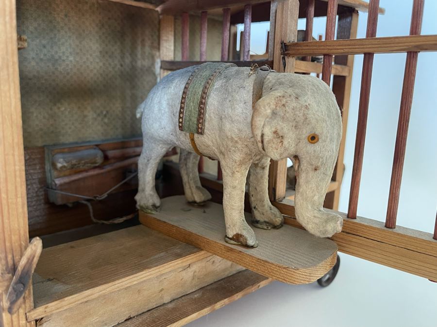 Antique German Wooden Circus Cage With Papier Mache Animals Spring Loaded Main Gate With Swinging Elephant Plus Tigers, Lion And Polar Bear (Some Of Animals Are Missing Limbs) 13.5W X 6D X 9H  [Photo 7]