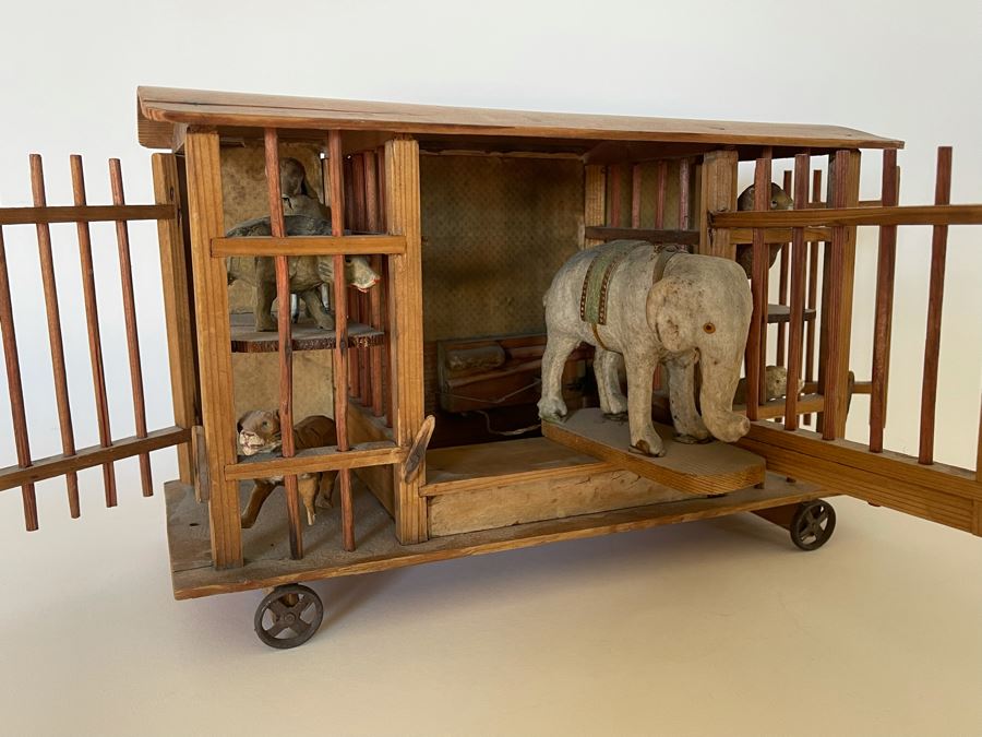 Antique German Wooden Circus Cage With Papier Mache Animals Spring Loaded Main Gate With Swinging Elephant Plus Tigers, Lion And Polar Bear (Some Of Animals Are Missing Limbs) 13.5W X 6D X 9H  [Photo 6]