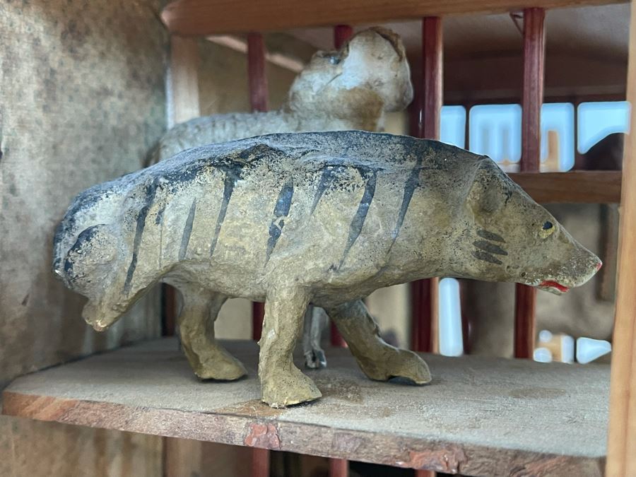 Antique German Wooden Circus Cage With Papier Mache Animals Spring Loaded Main Gate With Swinging Elephant Plus Tigers, Lion And Polar Bear (Some Of Animals Are Missing Limbs) 13.5W X 6D X 9H  [Photo 13]