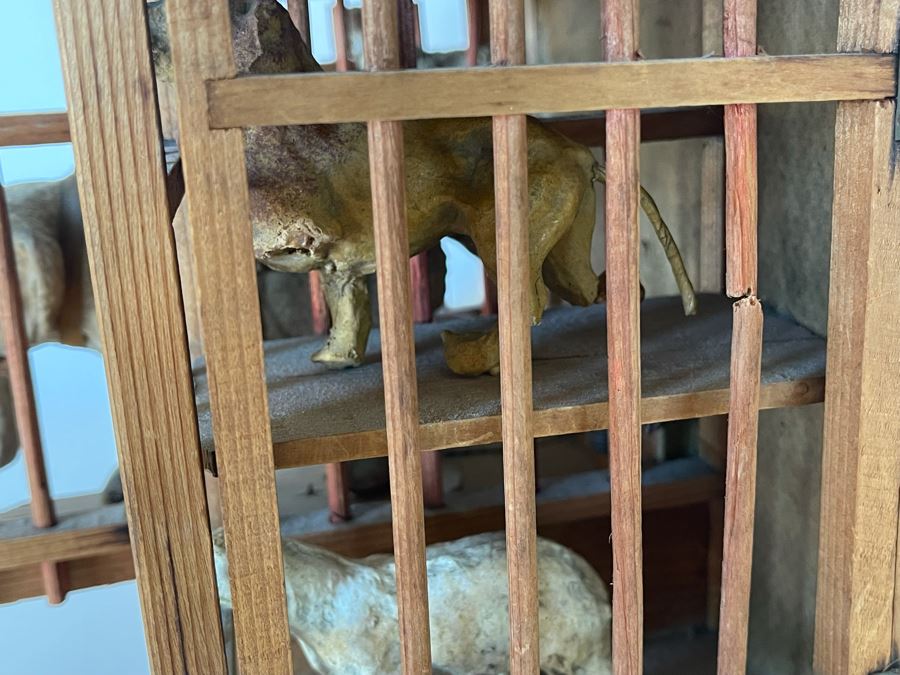 Antique German Wooden Circus Cage With Papier Mache Animals Spring Loaded Main Gate With Swinging Elephant Plus Tigers, Lion And Polar Bear (Some Of Animals Are Missing Limbs) 13.5W X 6D X 9H  [Photo 16]